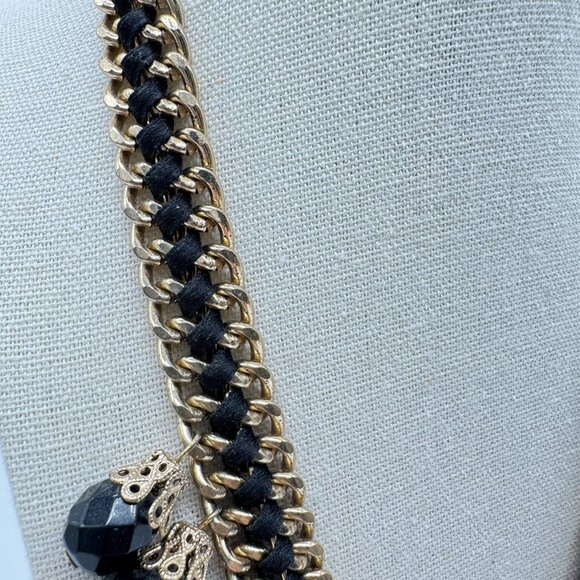 Statement Necklace Metal Gold Tone Chain Links and Black Lucite Beads - Picture 6 of 7